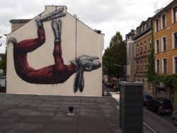 Belgian graffiti artist ROA strings up a skinned rabbit in this enormous anatomical art work