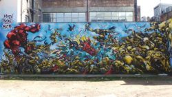 Probs joins up with other street artists to create this wall mural that creates a scene straight out of a graphic novel
