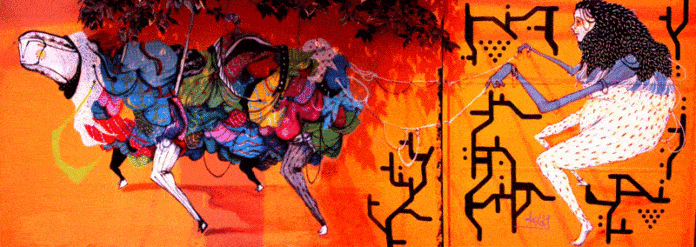 A woman takes her bizarre pet for a walk in this colorful graffiti mural by street artists Grupo Acidum