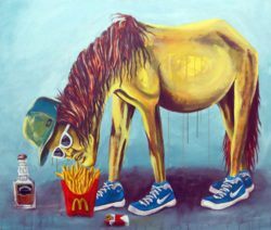 A consumerist man animal hybrid eats MacDonalds in this fine art painting by street artist Dinho Bento