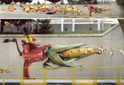 A meat grinder is in a bind between drugs and popcorn in this surrealist street art painting by Wes21