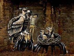 A mother vulture feeds a man to her chicks in this street art mural by Dinho Bento