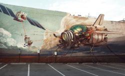 A robot housefly battles with a flying washing machine in this large scale graffiti mural by Wes21