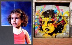 Street artist Stinkfish uses a found photograph of a little girl to create this psychedelic graffiti portrait