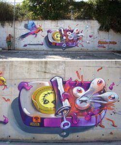 A bird eats eyeballs from a tin of tentacles and human eyes in this street art mural by Erase