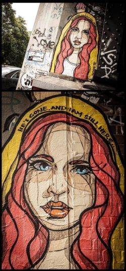 A woman's pain of loss is apparent in this touching, beautiful street art paste up by El Bocho