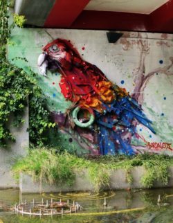Beneath a bridge a colorful parrot sculpture keeps watch over the water thanks to sculptural graffiti artist Bordalo Segundo