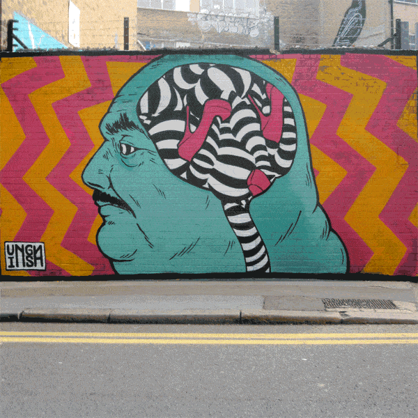 Brains! A man thinks of ladies wear in this trippy animated graffiti GIF