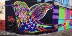 A hummingbird lends its beauty to this wall thanks to the artistic talents of street artist Guache