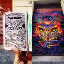 Guache shows his original sketch alongside the finished street art work of a psychedelic cat