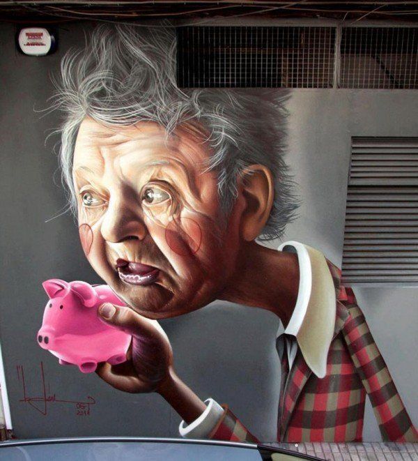 A granny holds a piggy bank in this funny but poignant street art mural by graffiti artist Belin
