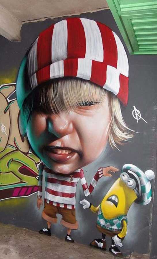 A naughty boy blames a minion from Despicable Me in this funny photo realistic graffiti mural by street artist Belin
