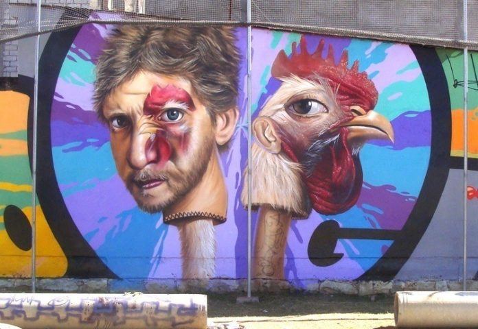 Are you a man or are you chicken? Belin's funny graffiti mural asks this question through its pop surrealism style