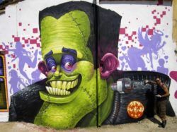 Frankenstein becomes a sex machine in this funny street art mural by Duke 103