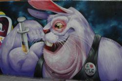 Graffiti painter Duke 103 gives a fluffy bunny a less than innocent drug habit in this street art mural