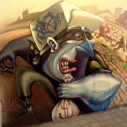 Graffiti muralist Lelin Alves uses his abstract style to paint a cartoonish street art work that addresses the criminal personality of a thief
