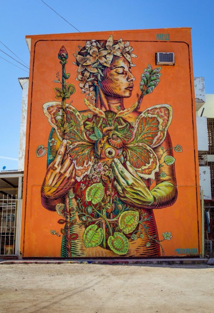 Beautiful creatures and plants spring forth from the chest of an eco warrior in this street art mural painted by Gonzalo Areúz