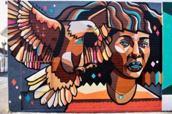 Using her signature geometric graffiti style, artist Nadia Fisher gives power to the African woman and her spirit animal, the eagle